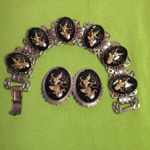 Vintage Siam Niello Bracelet & Clip-On Earrings Set Thailand Goddess Black&Gold
